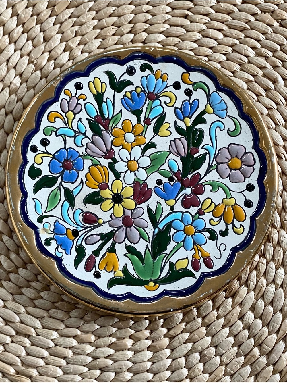 Vintage Cerámicas Sevilla Spanish Hand-Painted Floral Ceramic Plate Gold Trim 6”